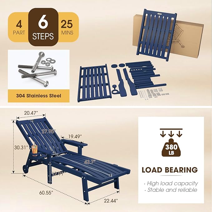 Patio Chaise Lounge Chair Set of 4, Oversized Lounge Chair Outdoor with 5 Positions, HDPE, Patio Lounge Chair with Wheels & Cup Holder for Pool, Deck, Poolside,Navy Blue