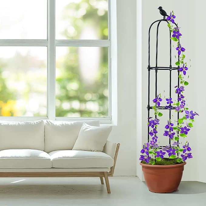 Lalahoni Garden Obelisk Trellis for Climbing Plants Outdoor, 6ft Round Rose Trellis for Pots, Metal Plant Support for Clematis, Jasmine, Ivy, Decorative Outdoor Trellis, Black, 1Pack