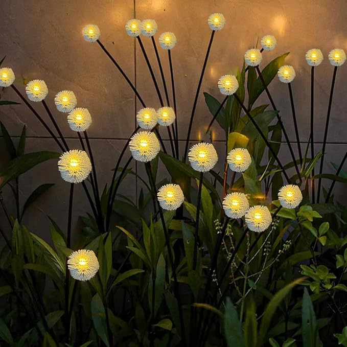 4PK 32LED Solar Garden Lights Outdoor, Dandelion Solar Lights Outdoor, IP65 Waterproof Firefly Light Outside Decor for Patio Pathway, Sway by Wind for Fairy Garden Dandelion Decorations, Warm White