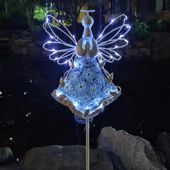 38Inch Angel Solar Lights Outdoor Decorative-Metal&Glass Angel Hydrangea Flower Garden Stake Lawn Light- Waterproof 30 Warm White LED for Remembrance Gifts & Grave Decorations (White)