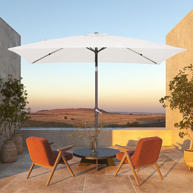 JEAREY 6.5x10 ft Rectangular Patio Umbrellas Rectangle Outdoor Umbrella with Push Button Tilt and Crank, Market Table Umbrella 6 Sturdy Ribs UV Protection for Poolside Garden Backyard Deck, Cream White