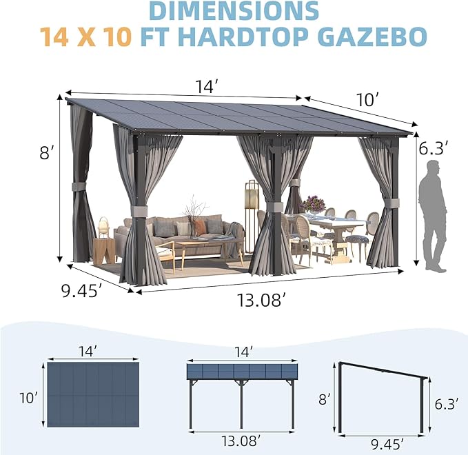 AECOJOY 14' x 10' Gazebo for Patio, Hard Top Lean to Gazebo Pergola with Curtains and Mosquito Netting, Large Wall-Mounted Heavy Duty Awnings for Patio, Decks, Backyard and More