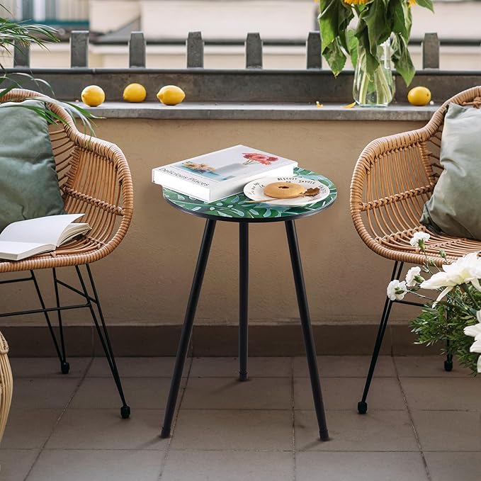 Metal Outdoor Side Tables Set of Two Small Outside Round End Table for Patio Modern Accent Garden Corner Table for Small Spaces, Balcony, Porch, Weather-Resistant, Plant Stand Indoor, Green Leaves