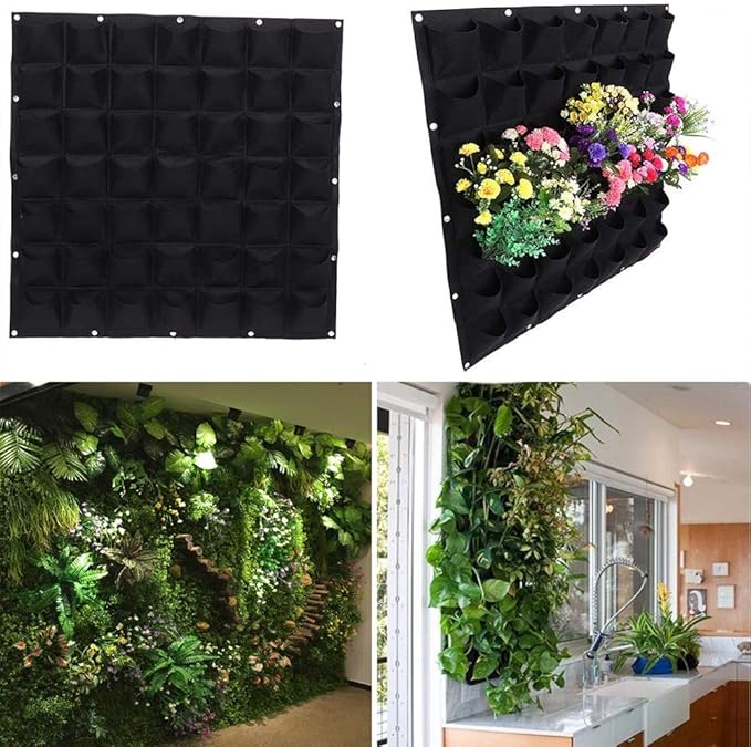 Hanging Planting Grow Bags, 49 Pockets Hanging Vertical Wall Planter Wall Mounted Grow Bag Outdoor Indoor Gardening Vertical Greening Flower Container, Planting Bags Storage Bags(1.0 m × 1.0 m, Black)