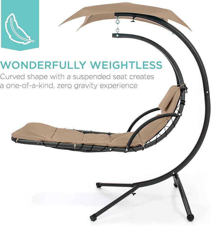 Best Choice Products Outdoor Hanging Curved Steel Chaise Lounge Chair Swing w/Built-in Pillow and Removable Canopy - Tan