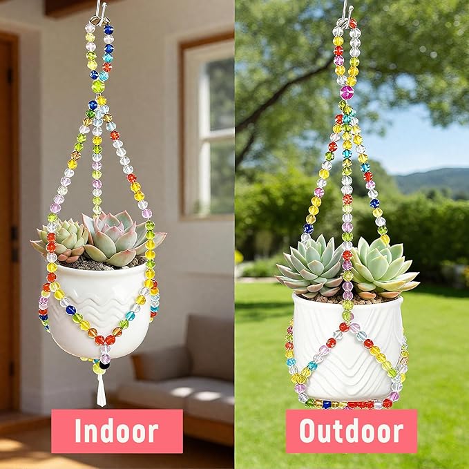 2 Pack Macrame Plant Hangers with 2 Hooks, 17.9inch/16.7inch Handmade Glass Bead Hanging Planter for Indoor Outdoor Bohemian Home Garden Decor