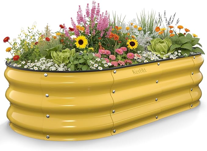 Kesfitt Raised Garden Bed, 4x2x1 FT Galvanized Steel Metal Raised Garden Bed, Oval Open-Bottom Design, 12-Inch Deep for Outdoor Vegetable & Herb Gardening, Creamy Yellow