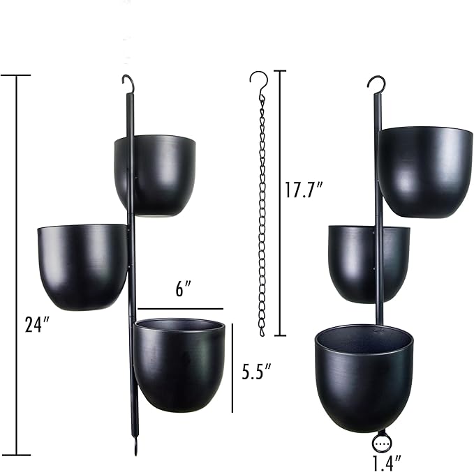 3 Tier Hanging Planters for Indoor & Outdoor, Stackable Black Metal Plant Hanger with 6 Inch Flower Pots, Oval Wall & Ceiling Plant Holder for Modern Home Decor, Balcony, Window, Patio (No Plants)