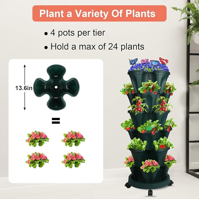 GameXcel Vertical Planter, 6 Tier Stackable Strawberry Planter with Garden Tool Set, Movable Indoor/Outdoor Garden Herb Pot for Growing Vegetables and Succulents, Green