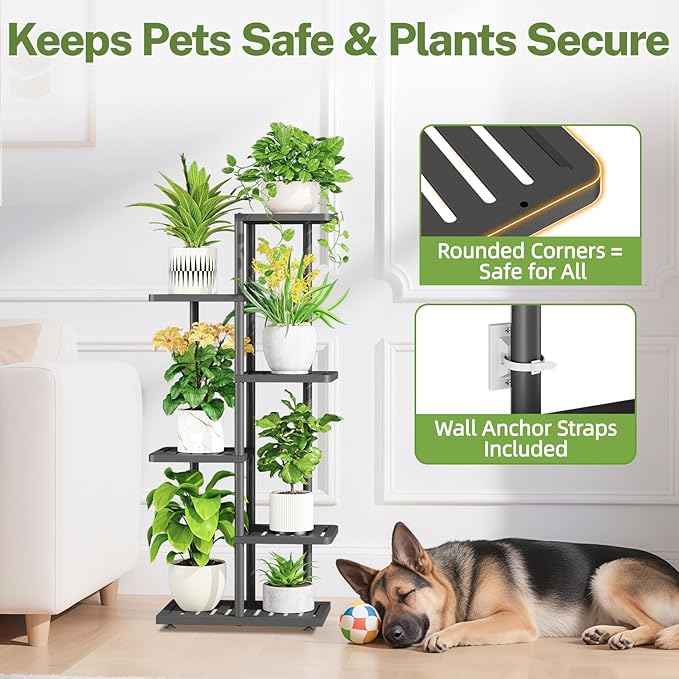 iDavosic.ly Plant Stand with Grow Light Indoor Outdoor, 5-Tier Tall Metal Flower Shelf for Heavy-Duty Large Planters, Corner Orchid Display Rack for Living Room Balcony Patio Porch, Modern Black