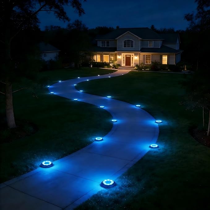 Flacchi Solar Lights Outdoor - Solar Powered Ground Lights Outdoor Solar Disk Light Waterproof Landscape Light for Patio Yard Pathway Walkway Driveway (Blue, 2 Pack)