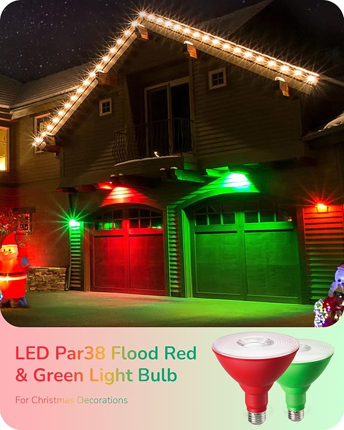 EDISHINE St.Patrick's Day/Easter Decorations PAR38 Red & Green LED Flood Light Bulbs Outdoor, Dimmable LED Light Bulb, 18W(120W Equivalent), Outdoor Weatherproof Light Bulb, E26 Base, 2 Pack