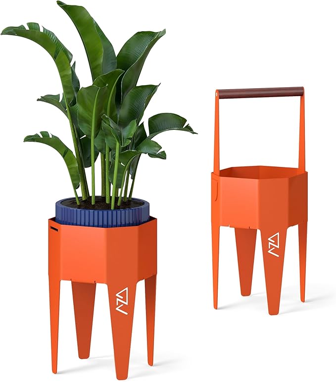 Planter with Stand, Metal 2 in 1 Portable Planter with Grow Bags & Handle, Stable Stylish Indoor Plant Pots with Stand, Modern Plant Stand Indoor, 7.5'' x 17.3'', Orange, Plant Not Included