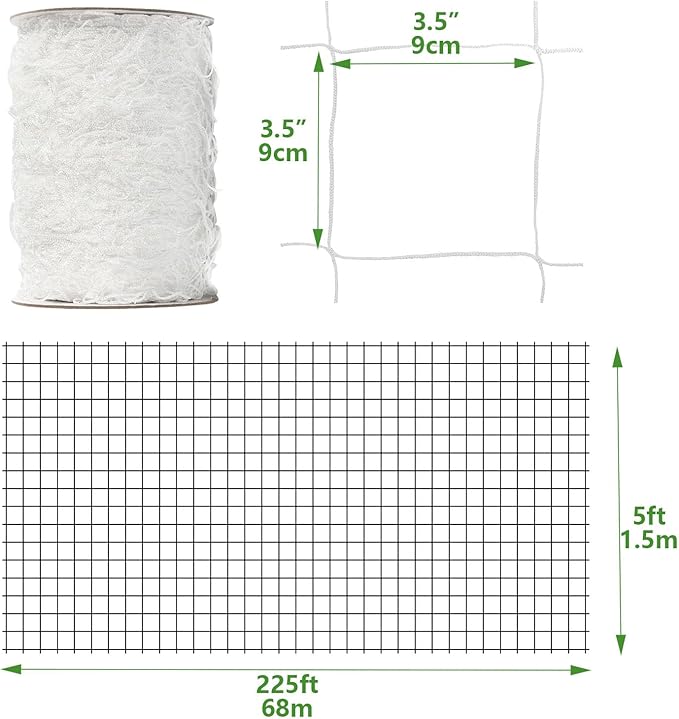 Nylon Trellis Netting Roll 5 x 225 ft, 3.5 Inch Soft Mesh, Heavy Duty Reinforced Garden Plant Support Mesh for Vertical Growing, Climbing Plants