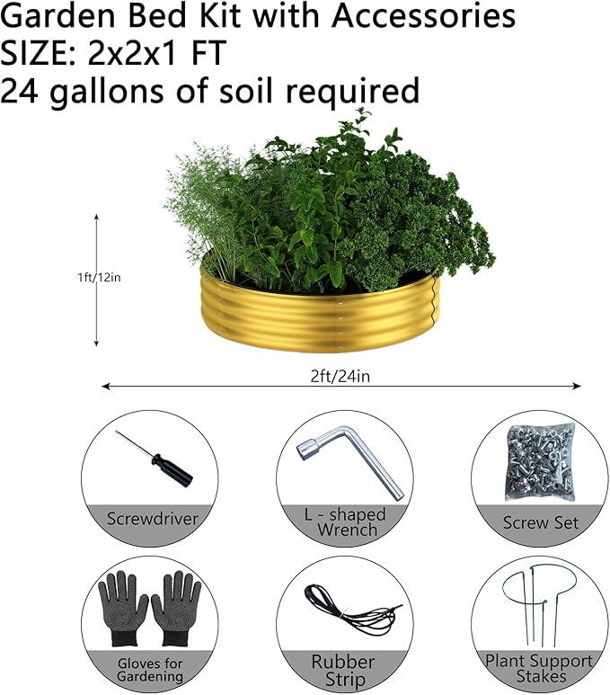Galvanized Metal Planter Round Raised Garden Bed Kit for Gardening Outdoor Galvanized Planter Outdoor 2PC Gold 2X2X1FT
