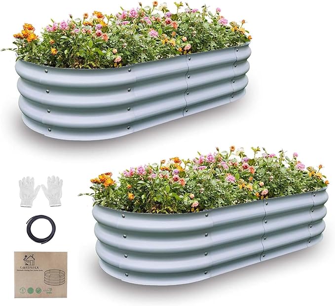 Gardmax 2 Pack Galvanized Raised Garden Bed, Lightweight Planter Boxes Outdoor with Easy Assembly, Large Garden Bed for Vegetables, Fruits, Flower Silver