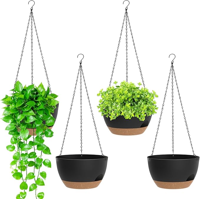 8 Inch Hanging Planters for Indoor Outdoor Plants, 4 Pack Black Brown Plastic Self Watering Hanging Baskets with Drainage Holes and Chain for Garden Porch