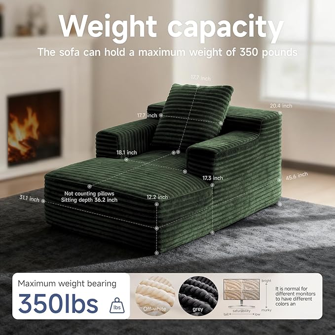 45'' Chaise Lounge Chair Indoor, Corduroy Upholstered Boneless Sofa Bed, Deep Seat Sleeper Couch Reading Chairs, Small Comfy Cloud Sofas Couches for Living Room, Bedroom, Movie Room (Green)