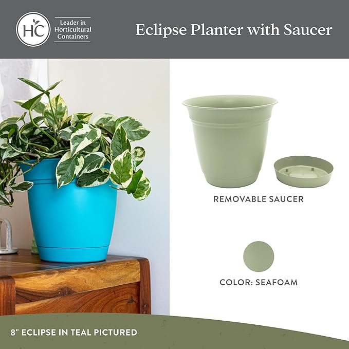 The HC Companies 20 Inch Eclipse Round Planter Pots with Drainage Holes & Attached Saucer, Lightweight UV-Resistant Plastic Indoor Outdoor Planters, 2-Pack Flower Pots for Garden & Home Decor, Seafoam