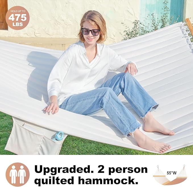 2 Person 12FT Hammocks for Outside, Double Quilted Fabric Outdoor Hammock with Spreader Bar, Large Removable Pillow, Storage Pockets, Carabiners, Max 475 lbs Capacity (Dune Beige)
