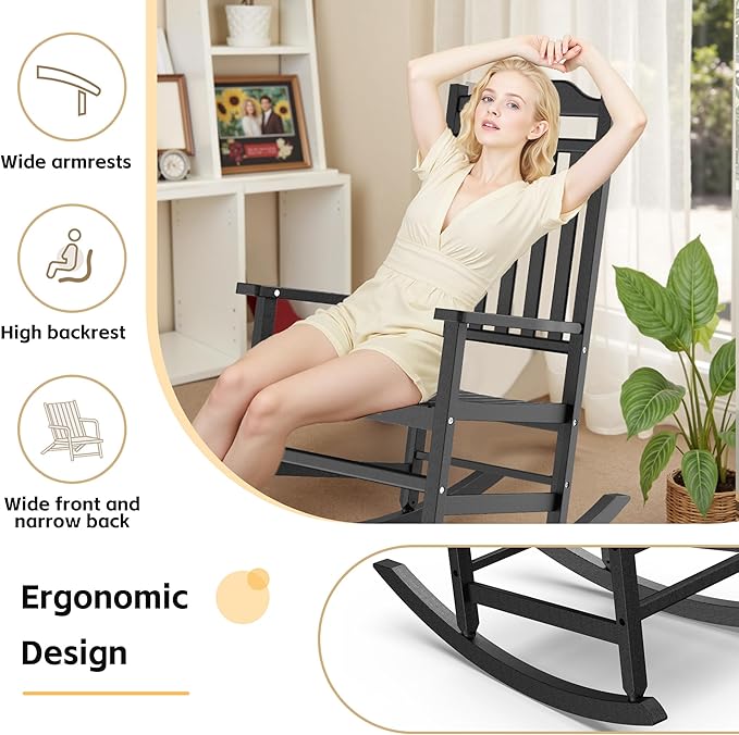 Patio Rocking Chair Outdoor Set of 1,Weather Resistant Poly Resin Oversized Porch Rocker,High Back Smooth Design,350lb Weight Capacity,Indoor Outdoor Use