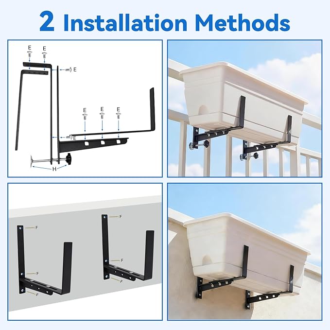 Halatool 2-Pack Adjustable Window Box Bracket, Heavy Duty Wall Mount Planter Holder for Outdoor Window Flower Boxes on Balcony, Porch, Fence and Patio