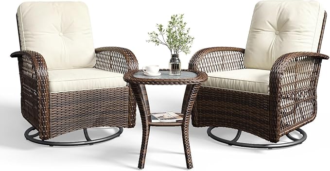 Aoxun 3 Pieces Patio Furniture Set, Patio Swivel Rocker Chairs Set of 2, Wicker Outdoor Bistro Set with Rocking Chair, Thickened Cushions and Table for Porch (Beige)