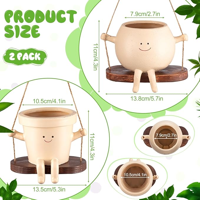 Domensi 2 Pcs Swing Hanging Planter Cute Smile Flower Face Pot Indoor Outdoor Pots for Succulent String of Pearls Plants Plant Ideal Gifts for Christmas Birthday(Swing Mixed Shapes,Mixed Sizes)