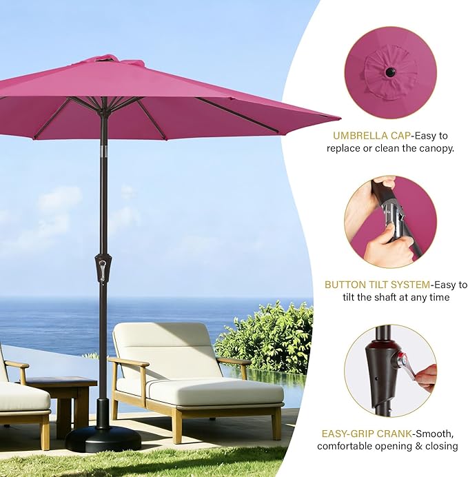 MEWAY 9ft Patio Umbrella Outdoor Table Umbrellas with Push Button Tilt and Crank, Market Umbrella 8 Sturdy Ribs for Deck, Garden, Pool and Backyard, Pink