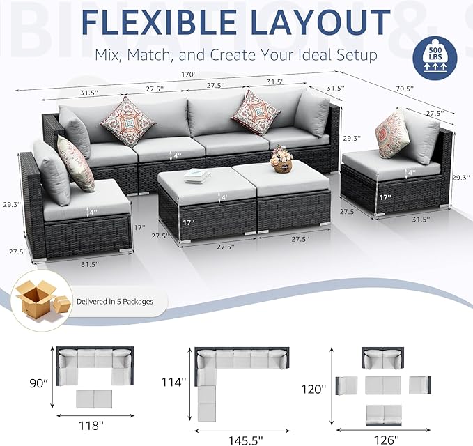NICESOUL 8 Person Outdoor Patio Furniture Set, Extra Large Wicker Sectional Sofa with Ottoman, All-Weather Wide and Deep Seating Conversations for Outside Garden, 29.3'' High Back Comfy Couches,Grey