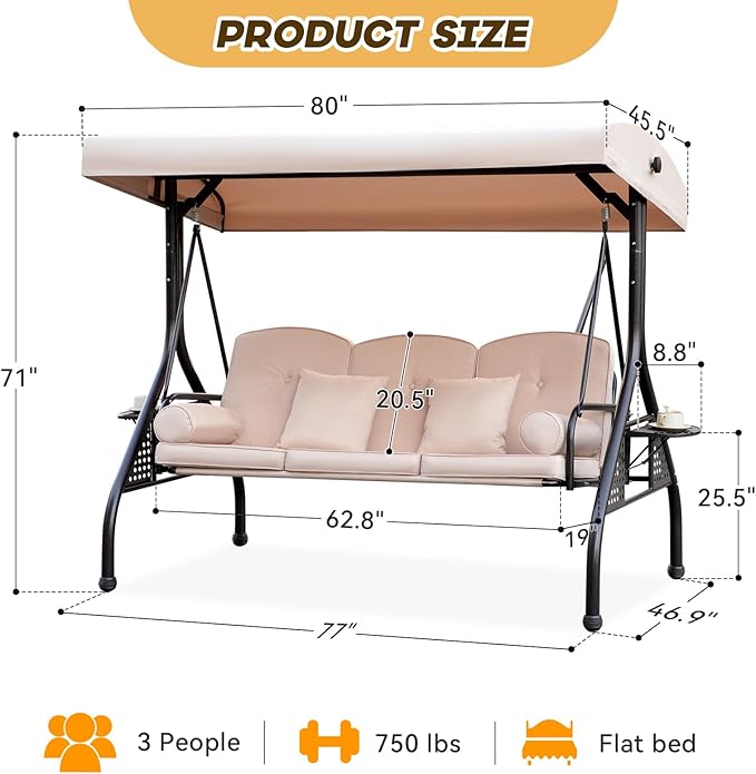 3 in 1 Outdoor Porch Swing with Adjustable Canopy, 3 Seat Outdoor Swing for Adults, Patio Swing Chair with Thickened Cushions,Pillows & Cup Holders for Backyard, Porch, Garden (Khaki)