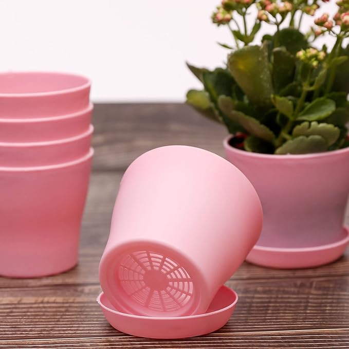 TDHDIKE 10 Pcs Plastic Planters Indoor Flower Plant Pots, Mini Flower Seedlings Nursery Pot/Planter/Flower Pot with Pallet, Modern Decorative Gardening Containers (Pink)
