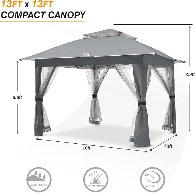 COOSHADE 13x13 Pop Up Gazebo Tent Outdoor Canopy Patio Shelter with Mosquito Netting(Grey)