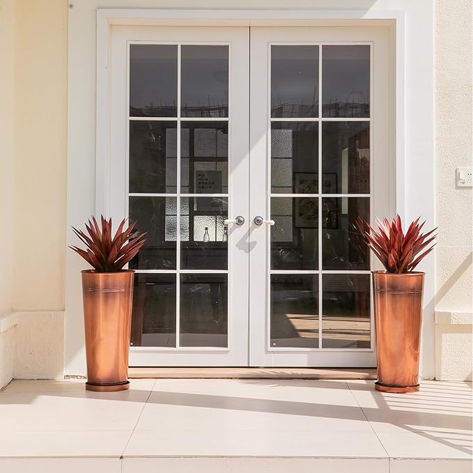 28in Tall Copper Planters Set of 2,Galvanized Steel Tall Outdoor Planter for Indoor/porches- Copper Color(2planters,2inner pots with Holes,2trays)