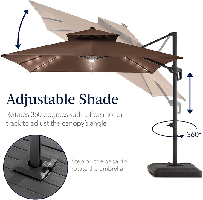 Best Choice Products 12x12ft LED Cantilever Patio Umbrella w/Base Included & 360° Rotation, Large Solar Offset Hanging Outdoor Sun Shade for Deck, Backyard Table w/Stand & Lights – Brown