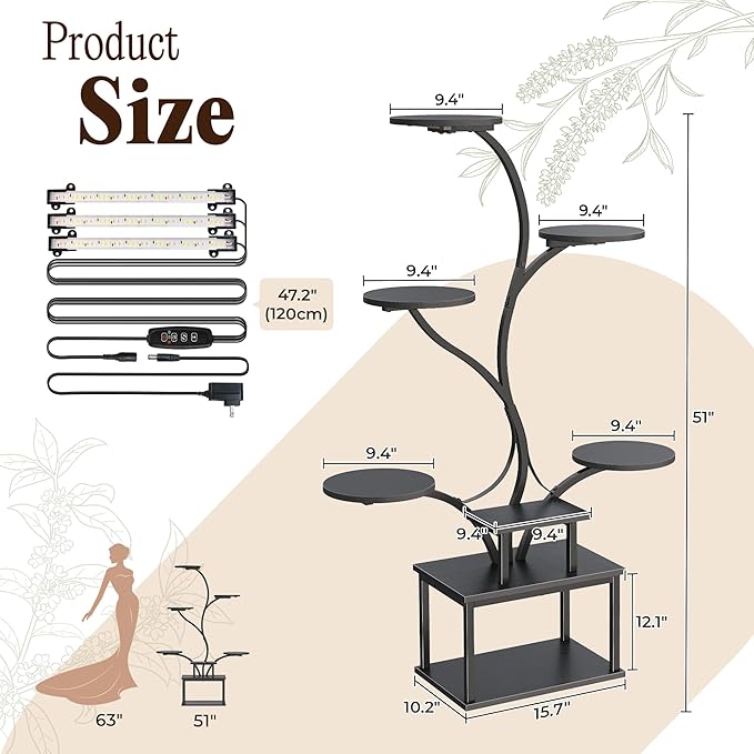 PRAISUN 51 Inch Plant Stand with Grow Lights, 8 Tiered Indoor Plant Shelf with Larger Flower Holder, Curved-tubed Design, 3 Light Modes, Corner Plant Rack for Living Room, Black