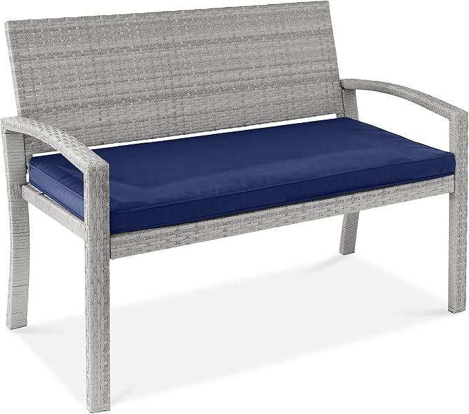 Best Choice Products Outdoor Bench 2-Person Wicker Garden Patio Benches Seating Furniture for Backyard, Porch w/Seat Cushion, 700lb Capacity - Gray/Navy