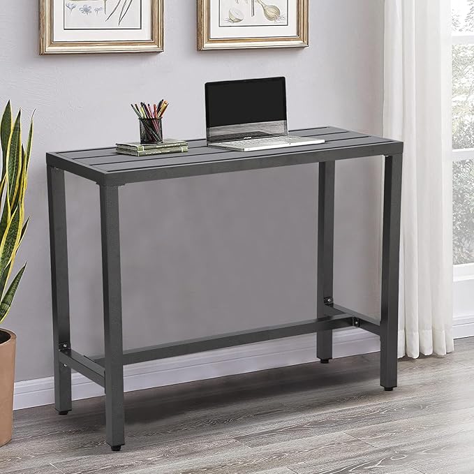 Outdoor Bar Table, Patio Console Pub Height Tables with Powder Coated Steel Frame, Weather Resistant Waterproof Top for Hot Tub, Balcony, Garden, Yard, Poolside (Grey, 47" Narrow Bar Table)