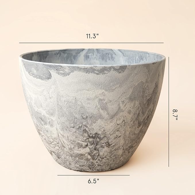 LA JOLIE MUSE Flower Pots Outdoor Garden Planters, Indoor Plant Pots with Drainage Holes, Plastic, Marble Pattern Grey, Set 2 (11.3 + 11.3 Inch)