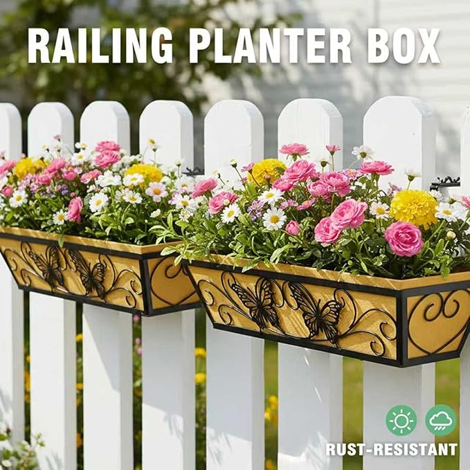 6 Pack 24 Inch Window Boxes Planter Railing Planters Box with Adjustable Brackets for Porch Deck Balcony Hanging Butterfly Decorative Flower Baskets & Non-Woven Fabric Liner for Outdoor Plants - Black