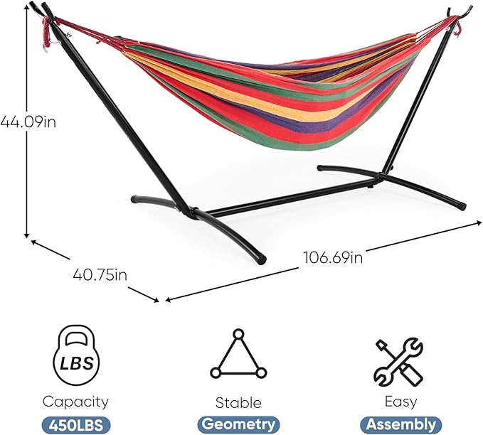 DUMOS Double Hammock with Space Saving Stand, Heavy Duty Steel Frame, Portable for Outside & Indoor Use, 450lbs Capacity, Easy Assembly, Carrying Bag Included, Red