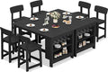 SERWALL 8-Piece Counter Height DiningTable Sets with Storage and Wine Rack, HDPE 2 Rectangular Bar Table with Bar Stools Set of 6 for Garden, Backyard, Kitchen, Black