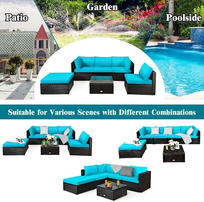 Tangkula 6 Piece Patio Furniture Set, Outdoor Deck Lawn Backyard Durable Steel Frame PE Rattan Wicker Sectional Sofa Set, Conversation Set with Coffee Table (Turquoise)