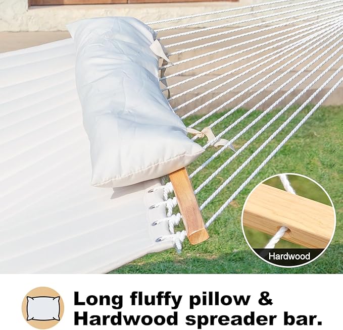2 Person 12FT Hammocks for Outside, Double Quilted Fabric Outdoor Hammock with Spreader Bar, Large Removable Pillow, Storage Pockets, Carabiners, Max 475 lbs Capacity (Dune Beige)