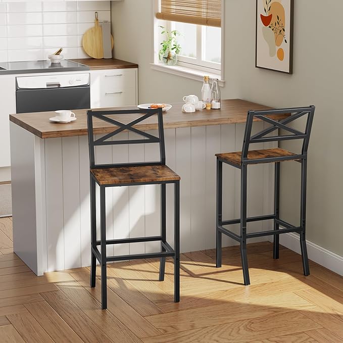 Bar Stools, Set of 2 Bar Chairs with Backrest and Footrest, 26" Tall Counter Bar Stools, Kitchen Breakfast Bar Chairs, Easy Assembly, for Dining Room, Rustic Brown BAHR0901N1