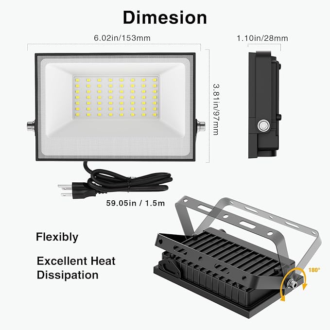 Onforu 40W Flood Lights Outdoor,4000lm Bright LED Work Light with Plug, 6500K Daylight White LED Flood Lighting, IP66 Waterproof Security Yard Lights for Garage Stadium 2 Pack