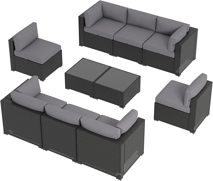 Aoxun 10 Piece Patio Furniture Set Wicker Rattan Patio Sectional Sofa Set Outdoor Seating Furniture with Thickened Cushion, Grey
