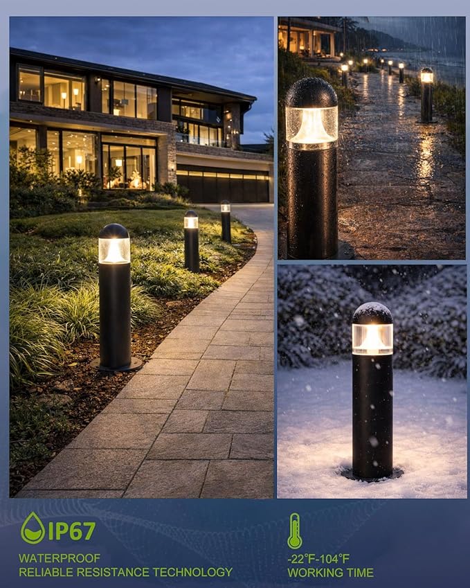 12 Pack Low Voltage Landscape Pathway Lights Wired, Outdoor Modern 12V LED Bollard Lights for Driveway Garden Walkway Yard Lawn (Included Connector), 2700K Warm White Waterproof, Black