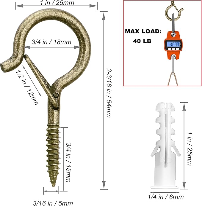 PlusRoc 20Pack Ceiling Hooks for Hanging Plants Outdoor String Lights Heavy Duty, 2.2 Inch Eye Hook Screw in Cup Hooks Q-Hanger for Patio Lights, Wall Wood Fence Deck Mount(Bronze)