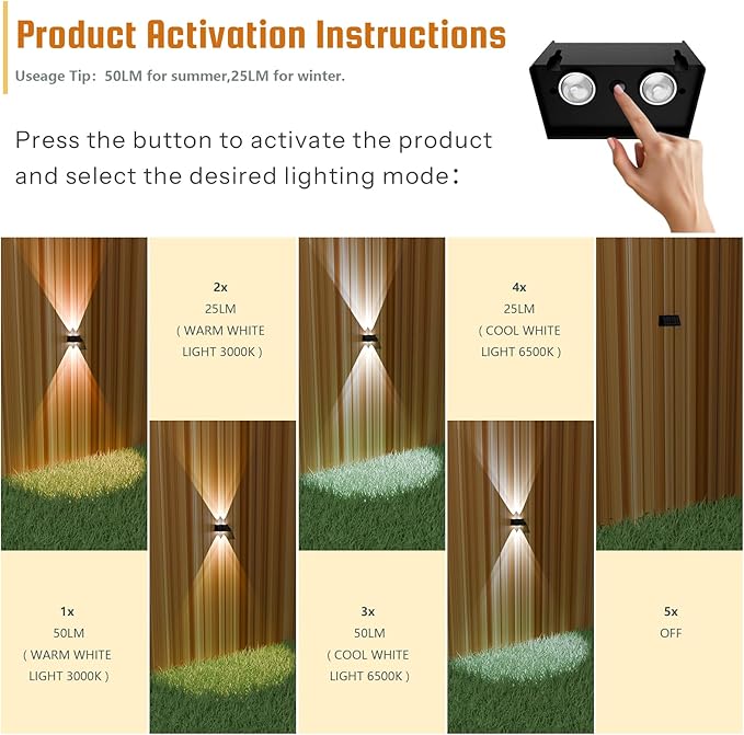 8-Pack Solar Fence Lights, Up & Down Lighting, 50LM/25LM 4 Modes (3000K/6500K), IP65 Waterproof, 1200mAh Battery, Screw/Adhesive Mount for Garden Wall Path Deck